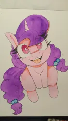 Size: 1152x2048 | Tagged: safe, artist:lockheart, derpibooru import, sugar belle, pony, unicorn, cute, eye clipping through hair, female, image, jpeg, looking at you, looking up, looking up at you, mare, marker drawing, open mouth, open smile, smiling, smiling at you, solo, traditional art