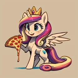 Size: 1024x1024 | Tagged: safe, derpibooru import, machine learning generated, princess cadance, alicorn, pony, ai content, female, food, image, pizza, png, solo, spread wings, wings