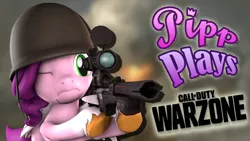 Size: 1920x1080 | Tagged: safe, artist:pika-robo, derpibooru import, pipp petals, pegasus, pony, series:pipp plays, g5, 3d, call of duty, call of duty: warzone, fake thumbnail, female, g4, g5 to g4, gamer pipp, generation leap, gun, headgear, helmet, hoof hold, image, imminent death, let's play, mare, one eye closed, png, rifle, sniper rifle, source filmmaker, weapon, wing hands, wings, youtube thumbnail