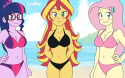 Size: 1131x707 | Tagged: safe, artist:lirudraw, ponerpics import, fluttershy, sci-twi, sunset shimmer, twilight sparkle, equestria girls, beach, belly button, bikini, black bikini, black swimsuit, breasts, clothes, female, image, jpeg, pink bikini, pink swimsuit, purple bikini, purple swimsuit, sexy, swimsuit