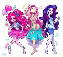 Size: 2048x1852 | Tagged: safe, artist:libbly_libby, derpibooru import, fluttershy, pinkie pie, rarity, butterfly, insect, equestria girls, alternate hairstyle, balloon, beautiful, bow, clothes, ear piercing, earring, female, hair bow, heart, heart balloon, high heels, image, jewelry, jpeg, necklace, peace symbol, piercing, shoes