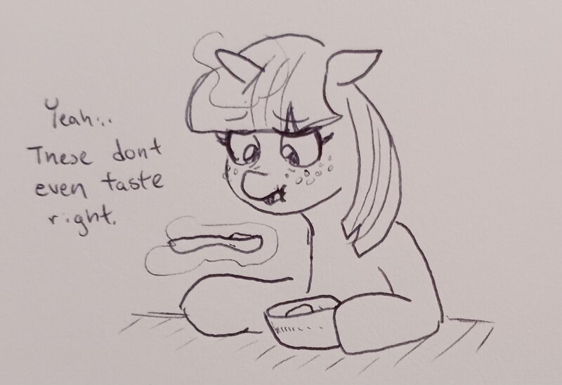 Size: 2048x1406 | Tagged: safe, artist:pony quarantine, derpibooru import, oc, oc:soup, pony, unicorn, bowl, chef boyardee, dialogue, female, floppy ears, food, freckles, grayscale, image, jpeg, levitation, magic, mare, monochrome, solo, soup, spoon, telekinesis, traditional art