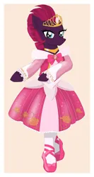 Size: 1600x3000 | Tagged: safe, artist:avchonline, derpibooru import, fizzlepop berrytwist, tempest shadow, semi-anthro, unicorn, arm hooves, ballerina, ballet slippers, beautiful, bipedal, canterlot royal ballet academy, clothes, cute, dancing, dress, elegant, female, image, jewelry, jpeg, long sleeves, looking at you, necklace, pink dress, simple background, smiling, smiling at you, solo, solo female, tempestbetes, tiara, tomboy taming