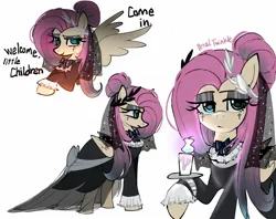 Size: 1440x1142 | Tagged: safe, artist:petaltwinkle, derpibooru import, fluttershy, pegasus, pony, candle, clothes, dialogue, dress, eyeshadow, female, fluttergoth, fluttershy is not amused, goth, hair bun, image, jpeg, laurel, makeup, mare, raised hoof, simple background, smiling, solo, spread wings, talking to viewer, unamused, veil, white background, wings