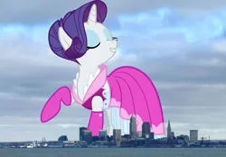 Size: 1045x728 | Tagged: safe, artist:frownfactory, derpibooru import, edit, editor:jaredking779, rarity, pony, unicorn, cleveland, clothes, dress, eyes closed, female, giant pony, giantess, highrise ponies, image, irl, jpeg, macro, mare, ohio, photo, ponies in real life, raised hoof, solo, story included
