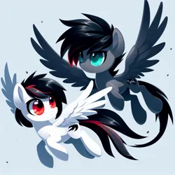 Size: 1024x1024 | Tagged: safe, derpibooru import, machine learning generated, oc, oc:ars d, oc:kruv, unofficial characters only, pegasus, pony, ai content, black mane, black tail, duo, female, flying, generator:bing image creator, gray coat, hooves to the chest, image, jpeg, looking at someone, looking at something, male, mare, multicolored hair, multicolored tail, pegasus oc, raised hoof, red eyes, simple background, spread wings, stallion, tail, turquoise eyes, white background, white coat, wings