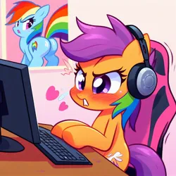 Size: 1024x1024 | Tagged: safe, derpibooru import, machine learning generated, rainbow dash, scootaloo, pony, ai content, blushing, butt, chair, computer, female, filly, foal, generator:dall-e 3, headset, heart, image, jpeg, keyboard, plot, poster, prompter:nebbie, sitting, wingless