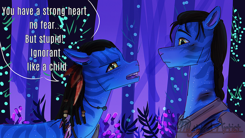 Size: 2560x1440 | Tagged: safe, artist:mythicalartist_, derpibooru import, ponified, na'vi, pony, clothes, crossover, duo, ear piercing, earring, female, image, jake sully, james cameron's avatar, jewelry, male, mare, necklace, neytiri, night, open mouth, piercing, png, scar, shirt, size difference, stallion, talking, tree