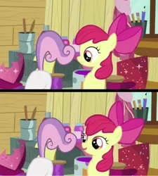 Size: 746x828 | Tagged: safe, derpibooru import, edit, edited screencap, screencap, apple bloom, sweetie belle, earth pony, pony, unicorn, hearts and hooves day (episode), cannot unsee, caption, clubhouse, context is for the weak, cropped, crusaders clubhouse, duo, eyes on the prize, face down ass up, female, filly, foal, hearts and hooves day, image, looking at butt, paintbrush, png, text