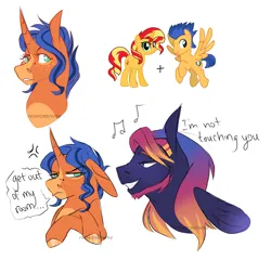 Size: 2713x2605 | Tagged: safe, artist:primrosepaper, derpibooru import, flash sentry, sunset shimmer, oc, oc:shooting dawn, ponified, unnamed oc, pegasus, pony, unicorn, annoyed, beard, brother and sister, bust, cross-popping veins, crossed hooves, dialogue, emanata, equestria girls ponified, facial hair, female, flashimmer, gradient mane, i'm not touching you, image, male, mare, music notes, offspring, parent:flash sentry, parent:sunset shimmer, parents:flashimmer, png, shipping, siblings, simple background, stallion, straight, white background
