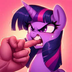 Size: 1024x1024 | Tagged: safe, derpibooru import, machine learning generated, twilight sparkle, pony, ai content, angry, biting, disembodied hand, female, generator:dall-e 3, glare, hand, image, jpeg, mare, middle finger, offscreen character, solo focus, teeth, vulgar
