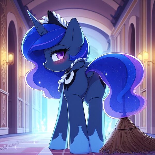 Size: 1024x1024 | Tagged: suggestive, derpibooru import, machine learning generated, princess luna, alicorn, pony, ai content, blushing, broom, butt, clothes, dock, ethereal mane, ethereal tail, female, floor, generator:dall-e 3, hallway, hoof shoes, image, indoors, jpeg, looking at you, looking back, looking back at you, maid, maid headdress, mare, plot, prehensile tail, rear view, solo, sweeping, tail, wrong eye color