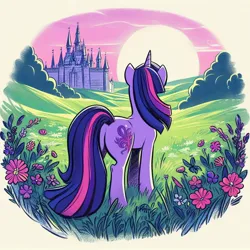Size: 1024x1024 | Tagged: safe, derpibooru import, machine learning generated, twilight sparkle, ai content, butt, castle, colored, field, flower, generator:bing image creator, image, jpeg, mane, nature, outdoors, plot, pretty, prompter:evergreen, rear view, scenery, sun, sunrise