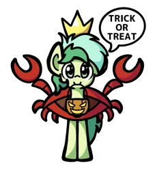 Size: 1047x1155 | Tagged: safe, artist:derp pone, derpibooru import, sandbar, crab, earth pony, clothes, costume, crown, cute, image, jewelry, looking at you, png, pumpkin bucket, regalia, simple background, solo, speech bubble, transparent background