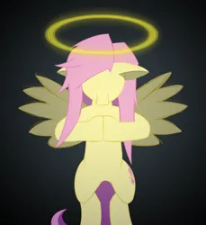 Size: 2743x3000 | Tagged: safe, artist:meqmewmew, derpibooru import, fluttershy, pegasus, pony, derpibooru exclusive, halo, hooves together, image, looking down, no eyes, png, praying, simple background, simple shading, solo, spread wings, standing on two hooves, wings, wip