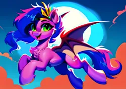 Size: 4096x2880 | Tagged: safe, artist:felisamafeles, derpibooru import, editor:felisamafeles, machine learning assisted, machine learning generated, stable diffusion, pipp petals, bat pony, pony, g5, ai content, beautiful, blurry, chest fluff, cloud, cloudy, countershading, derpibooru exclusive, ear fluff, edge lighting, full body, fur, generator:pony diffusion v5.5, generator:purplesmart.ai, gilded hooves, image, moon, night, night sky, png, sky, smiling