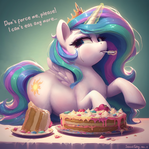 Size: 1024x1024 | Tagged: safe, artist:jennatwhy, derpibooru import, machine learning generated, princess celestia, alicorn, pony, ai content, belly, cake, cakelestia, chubby, chubbylestia, crying, fat, feeding, female, food, force feeding, image, png, prompted:jennatwhy, solo, spoon, weight gain