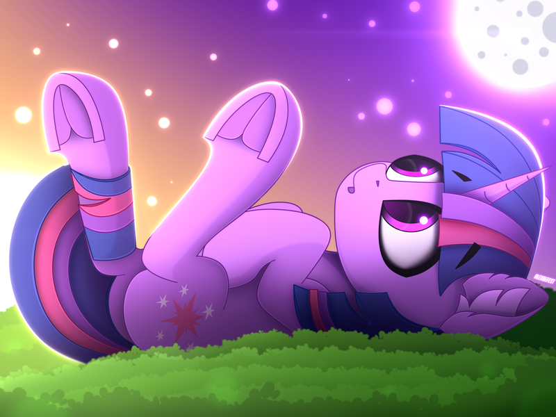 Size: 4000x3000 | Tagged: safe, artist:alexbefest, derpibooru import, twilight sparkle, pony, unicorn, day, ear fluff, eyebrows, eyebrows visible through hair, female, frog (hoof), full moon, g4, grass, high res, hooves to the chest, horn, image, looking up, lying down, mare, moon, namesake, neon, night, on back, open mouth, png, pun, signature, sky, solo, twilight (astronomy), twilight at twilight, underhoof, unicorn twilight, visual pun