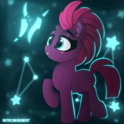 Size: 3000x3000 | Tagged: safe, artist:alexbefest, derpibooru import, fizzlepop berrytwist, tempest shadow, pony, unicorn, blank flank, blank flank tempest, broken horn, cute, ear fluff, eye scar, eyebrows, facial scar, female, filly, filly tempest shadow, foal, g4, high res, horn, image, looking at something, png, raised hoof, raised leg, scar, scar on the wrong side, signature, solo, stars, tempestbetes, younger