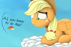 Size: 4500x3000 | Tagged: safe, artist:alexbefest, derpibooru import, applejack, pegasus, pony, applejack's hat, cloud, cowboy hat, female, flapplejack, floppy ears, folded wings, freckles, g4, hat, high res, image, implied rainbow dash, looking down, mare, offscreen character, on a cloud, png, race swap, scared, simple background, solo, sweat, sweatdrop, wavy mouth, wings