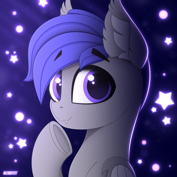 Size: 3000x3000 | Tagged: safe, artist:alexbefest, derpibooru import, oc, unofficial characters only, bat pony, pony, bat pony oc, bat wings, bust, ear fluff, eyebrows, eyebrows visible through hair, fangs, high res, image, looking at you, png, purple eyes, raised hoof, signature, smiling, smiling at you, solo, stars, underhoof, wings