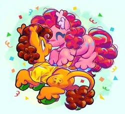 Size: 1680x1527 | Tagged: safe, artist:lemoocado, derpibooru import, cheese sandwich, pinkie pie, earth pony, pony, cheesepie, confetti, eyes closed, female, happy, image, leonine tail, male, png, shipping, smiling, straight, tail, unshorn fetlocks
