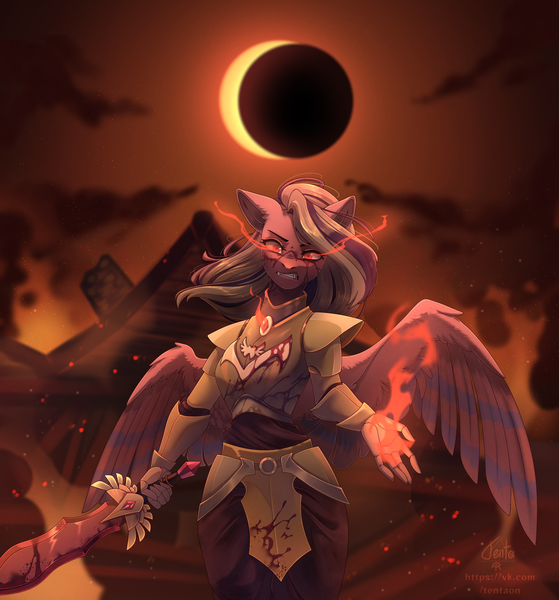Size: 2957x3173 | Tagged: safe, artist:tentaon, derpibooru import, oc, oc:sindy silence, anthro, pegasus, undead, vampire, armor, blood, eclipse, female, fire, image, png, sword, weapon