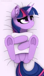 Size: 1750x3000 | Tagged: safe, artist:alexbefest, derpibooru import, twilight sparkle, twilight sparkle (alicorn), alicorn, pony, adorkable, art, body pillow, body pillow design, cute, dakimakura cover, dork, ear fluff, featureless crotch, female, frog (hoof), g4, high res, horn, image, lying down, mare, on back, png, signature, smiling, solo, twiabetes, underhoof