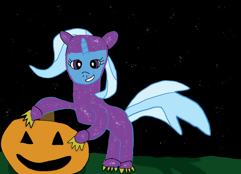 Size: 1500x1080 | Tagged: safe, artist:snowfilly, trixie, pony, unicorn, animal costume, clothes, costume, female, image, mare, nightmare night, nightmare night costume, png, pumpkin, solo, trixie day