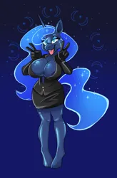 Size: 982x1500 | Tagged: suggestive, artist:skyspeardraw, ponerpics import, princess luna, anthro, unguligrade anthro, ahegao, bedroom eyes, big breasts, breasts, clothes, ethereal mane, ethereal tail, evening gloves, eyeshadow, female, gloves, glowing eyes, gradient background, image, latex, latex gloves, long gloves, makeup, open mouth, open smile, peace sign, pencil skirt, png, rubber, shiny, shiny skin, smiling, solo, solo female, standing, suit, tongue out