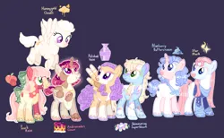 Size: 2849x1753 | Tagged: safe, artist:katsubases, artist:r0manesqu3, derpibooru import, oc, oc:andromeda's crown, oc:blueberry buttercream, oc:honeygold clouds, oc:peach rose, oc:polished vase, oc:shimmering sonicbloom, oc:star struck, unofficial characters only, alicorn, earth pony, pegasus, pony, unicorn, alicorn oc, ascot, bald face, base used, blaze (coat marking), blue background, bow, clothes, coat markings, curly mane, cutie mark, earth pony oc, ethereal mane, facial markings, female, flying, hair bow, hoof on chest, horn, image, jewelry, leaves, leaves in hair, magical lesbian spawn, mare, name, necklace, offspring, outline, pale belly, parent:applejack, parent:big macintosh, parent:fancypants, parent:flash sentry, parent:fluttershy, parent:moondancer, parent:pinkie pie, parent:rainbow dash, parent:rarity, parent:twilight sparkle, parents:appledash, parents:fluttermac, parents:pinkiepants, parents:sentrity, parents:twidancer, pegasus oc, png, simple background, smiling, socks (coat marking), spread wings, star (coat marking), starry mane, sweater, tail, tail bow, unicorn oc, unshorn fetlocks, white outline, wings