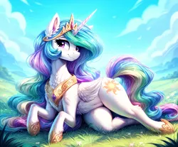 Size: 2320x1920 | Tagged: safe, artist:dovakkins, derpibooru import, machine learning assisted, princess celestia, alicorn, pony, ai content, beautiful, belly button, chest fluff, cutie mark, derpibooru exclusive, female, fluffy, generator:easyfluff v11.2, horn, image, jewelry, long mane, lying down, mare, peytral, png, regalia, sky, solo, wavy mane, wings