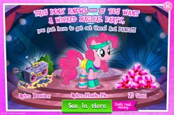 Size: 1960x1300 | Tagged: safe, derpibooru import, official, pinkie pie, earth pony, pony, advertisement, boombox, bush, clothes, costs real money, english, female, gameloft, gem, headband, image, jpeg, mare, mobile game, my little pony: magic princess, numbers, sale, solo, solo focus, text