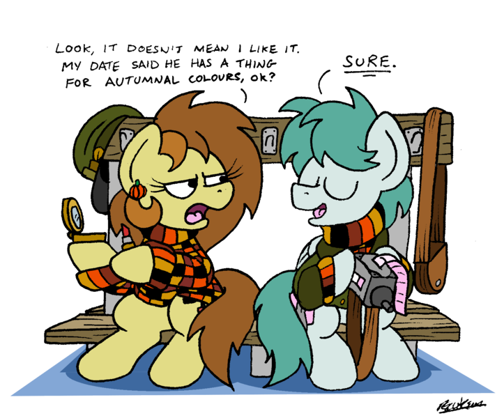 Size: 1656x1374 | Tagged: safe, artist:bobthedalek, derpibooru import, oc, oc:bubble pump, oc:clippy ticket, unofficial characters only, earth pony, pegasus, pony, bag, bench, clothes, ear piercing, earring, image, jacket, jewelry, lipstick, mirror, piercing, png, sweater, unamused