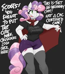 Size: 2500x2857 | Tagged: safe, artist:flutterthrash, derpibooru import, sweetie belle, anthro, unicorn, black background, breasts, busty sweetie belle, cape, clothes, dialogue, female, g4, image, implied scootaloo, older, older sweetie belle, png, shirt, shorts, simple background, socks, solo, stockings, thigh highs