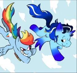 Size: 832x790 | Tagged: source needed, safe, artist:box, derpibooru import, rainbow dash, oc, oc:blue thunder, flying, image, png, racing, sky