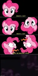 Size: 500x1000 | Tagged: safe, derpibooru import, pinkie pie, caption, derpibooru exclusive, disney, dumbo, image, jpeg, pink elephants on parade, scared, solo, song reference, text, tongue out, upside down