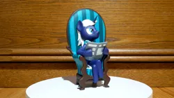 Size: 1920x1080 | Tagged: safe, artist:mraagh, derpibooru import, oc, oc:night blaze, unofficial characters only, pony, unicorn, 3d, 3d print, annoyed, blender, chair, clothes, eyes open, figure, figurine, green eyes, image, irl, jpeg, male, newspaper, painted, photo, purple coat, scarf, short mane, sitting, solo, spiky mane, stallion, statue, white mane