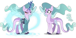 Size: 4000x2011 | Tagged: safe, artist:orin331, derpibooru import, mistmane, dragon, kirin, pony, alternate universe, clothes, cloven hooves, ethereal mane, eyes closed, female, glow, glowing horn, horn, image, kimono (clothing), kirinified, long tail, magic, mare, missing horn, png, race swap, redesign, robes, scales, simple background, smiling, species swap, tail, transparent background, water