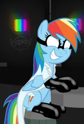 Size: 576x850 | Tagged: safe, alternate version, artist:lt-fleur, derpibooru import, edit, edited screencap, editor:oathcharm, screencap, rainbow dash, pegasus, pony, fanfic:rainbow factory, a trivial pursuit, barrel, clothes, creepypasta, cropped, evil, evil grin, evil rainbow dash, factory, fanfic art, female, folded wings, gloves, goggles, grin, image, lab coat, latex, latex gloves, latex socks, mare, png, rainbow, rainbow dash is best facemaker, rainbow factory dash, rainbow factory logo, sitting, smiling, socks, solo, table, teeth, wings