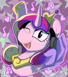 Size: 1114x1260 | Tagged: safe, artist:malachimoet, derpibooru import, princess cadance, alicorn, bust, image, looking at you, music notes, one eye closed, png, portrait, solo, wing hands, wings, wink, winking at you