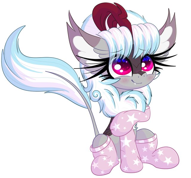 Size: 3743x3502 | Tagged: safe, artist:windykirin, derpibooru import, oc, oc:windshear, unofficial characters only, kirin, blushing, clothes, cute, eye clipping through hair, eyebrows, eyebrows visible through hair, female, high res, horn, image, jpeg, kirin oc, kirinbetes, long eyelashes, ocbetes, simple background, sitting, socks, solo, white background