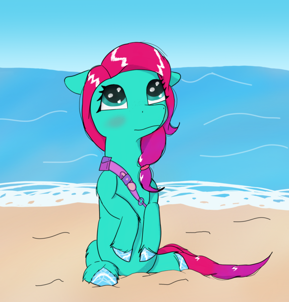 Size: 2100x2200 | Tagged: safe, alternate version, artist:php176, derpibooru import, earth pony, pony, g5, beach, cute, fake ears, female, freckles, hoof polish, image, jazz hooves, looking up, mare, png, sand, sash, sitting, smiling, solo