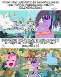 Size: 1080x1371 | Tagged: safe, derpibooru import, pinkie pie, princess celestia, twilight sparkle, alicorn, earth pony, pegasus, pony, unicorn, friendship is magic, canterlot, curi, curimomo, g4, image, jpeg, mi little curis, ponyville, spanish