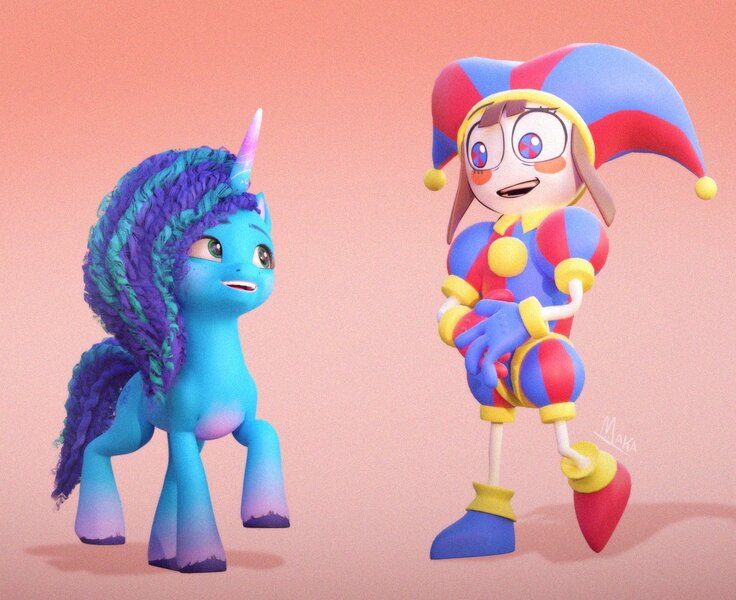 Size: 1324x1080 | Tagged: safe, artist:makaryo, derpibooru import, human, pony, unicorn, g5, 3d, crossover, duo, female, hat, image, jester, jester hat, jpeg, looking at each other, looking at someone, mare, misty brightdawn, open mouth, open smile, pomni, smiling, smiling at each other, the amazing digital circus