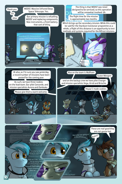 Size: 2079x3142 | Tagged: safe, artist:captainhoers, derpibooru import, oc, oc:aurora (hoers), oc:brioche, oc:charger, oc:concorde, oc:high frontier, oc:redwood (captainhoers), oc:rosetta (stardust), oc:sequoia (captainhoers), oc:ursid, oc:vega, oc:wolfram, oc:zambuko, unofficial characters only, deer, gryphon, kirin, pegasus, pony, unicorn, zebra, comic:stardust:the sky belongs to no one, buck, comic, computer, conference room, conference table, cookie, deer oc, dialogue, doe, female, food, glasses, goggles, goggles on head, griffon oc, grin, high res, image, jpeg, kirin oc, laptop computer, male, mare, name tag, non-pony oc, nonbinary, offspring, one wing out, parent:soarin', parent:spitfire, parents:soarinfire, slideshow, smiling, speech bubble, stallion, stuttering, waving, wings, zebra oc