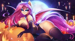 Size: 4000x2200 | Tagged: suggestive, artist:koveliana, derpibooru import, fluttershy, anthro, bat pony, pony, apple, bat ponified, bedroom eyes, big breasts, breasts, busty fluttershy, candle, clothes, evening gloves, female, flutterbat, food, full moon, gloves, grin, halloween, high res, holiday, image, jack-o-lantern, long gloves, looking at you, lying down, mare, moon, png, pumpkin, race swap, side, smiling, socks, solo, solo female, spread wings, stockings, thigh highs, wide hips, wings
