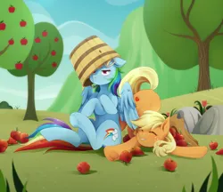 Size: 2048x1770 | Tagged: safe, artist:applesartt, derpibooru import, applejack, rainbow dash, earth pony, pegasus, pony, g1, my little pony 'n friends, rescue at midnight castle, apple, apple tree, appledash, applejack's hat, bucket, cowboy hat, cute, dashabetes, duo, duo female, eyebrows, eyes closed, female, floppy ears, flower, food, freckles, g4, grass, grin, hat, image, jackabetes, lesbian, mare, outdoors, partially open wings, png, rainbow dash is not amused, shipping, signature, sitting, smiling, tree, unamused, underhoof, wings