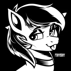 Size: 2400x2400 | Tagged: safe, artist:poxy_boxy, derpibooru import, oc, unofficial characters only, earth pony, pony, black background, bust, choker, commission, image, lidded eyes, png, signature, simple background, solo, tongue out