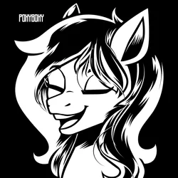 Size: 2400x2400 | Tagged: safe, artist:poxy_boxy, derpibooru import, oc, unofficial characters only, earth pony, pony, black background, bust, commission, eyes closed, image, open mouth, open smile, png, signature, simple background, smiling, solo